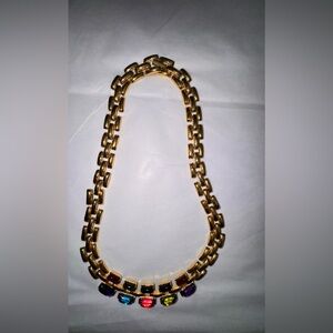 Gold Link Necklace with Multicolor Gem Accents - Women Jewelry